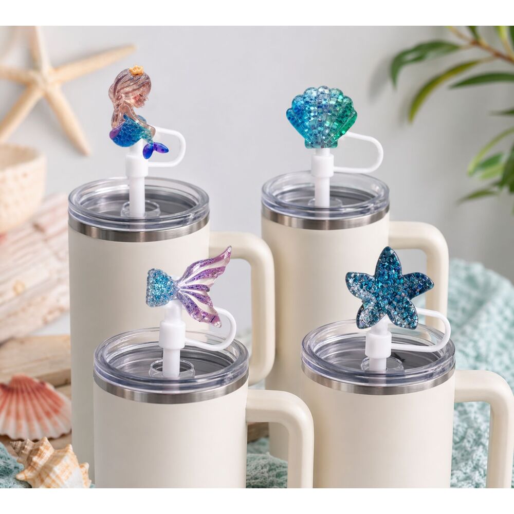 Mermaid Straw Covers Set Bling Straw Toppers Shell Starfish Fish TailAccessories